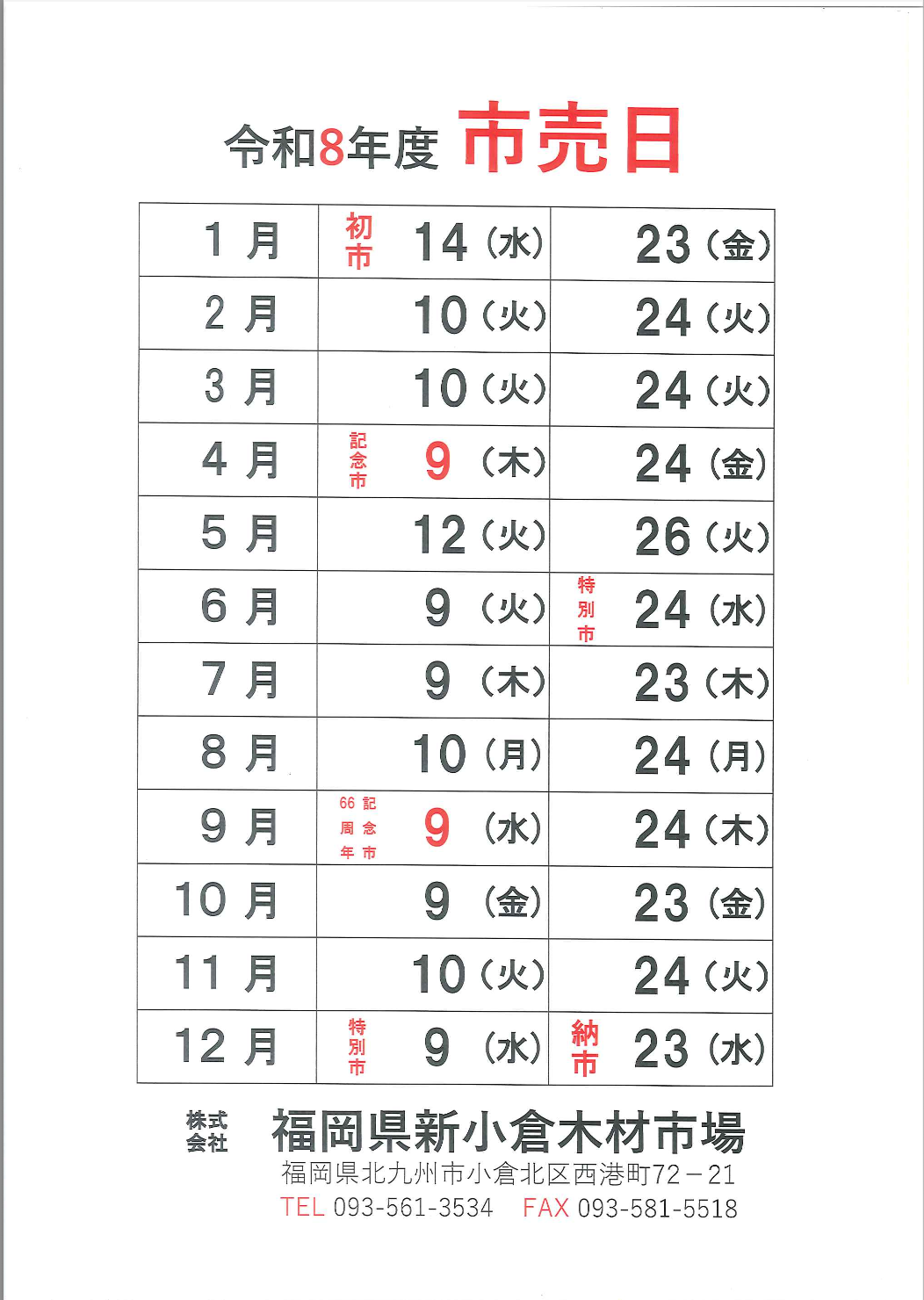 新小倉令和７年度市売日